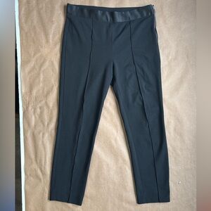 Everlane double knit stretch pants, contrast satin WB, crease detail on front